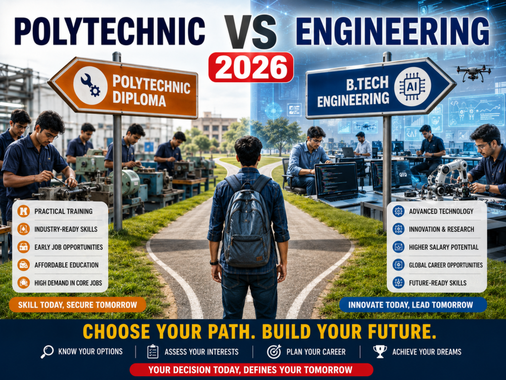 Indian students comparing Polytechnic diploma and B.Tech engineering career options.