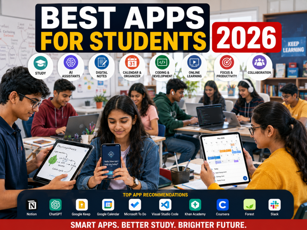 Indian students using educational and productivity apps on smartphones, tablets, and laptops.