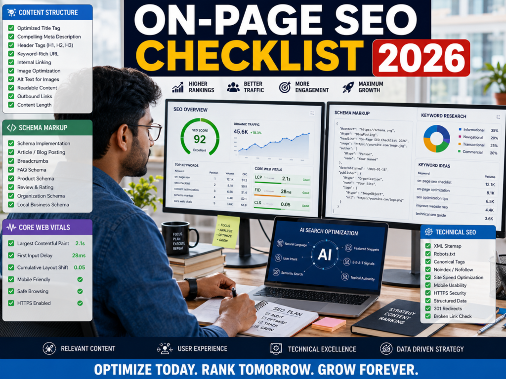 SEO expert reviewing an on-page SEO checklist with content optimization, schema, and Core Web Vitals.