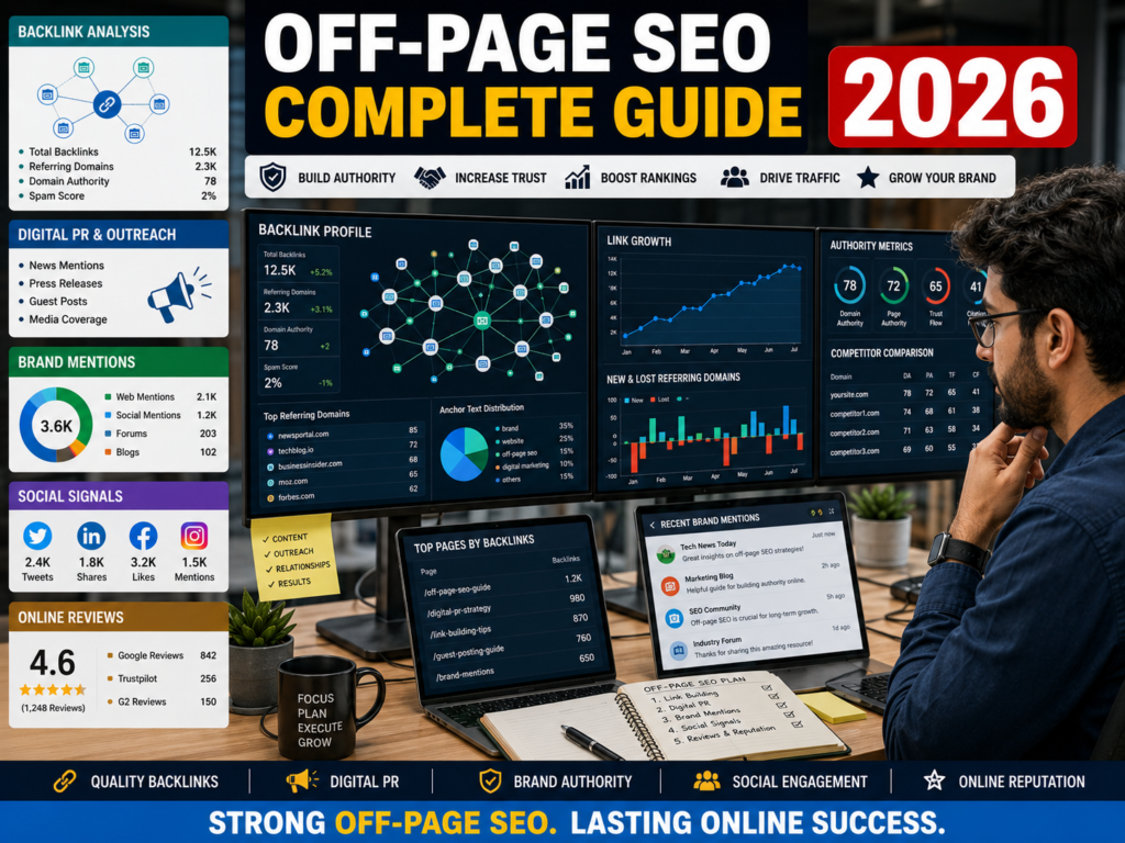 Digital marketer building backlinks, brand authority, and online reputation through modern off-page SEO strategies.