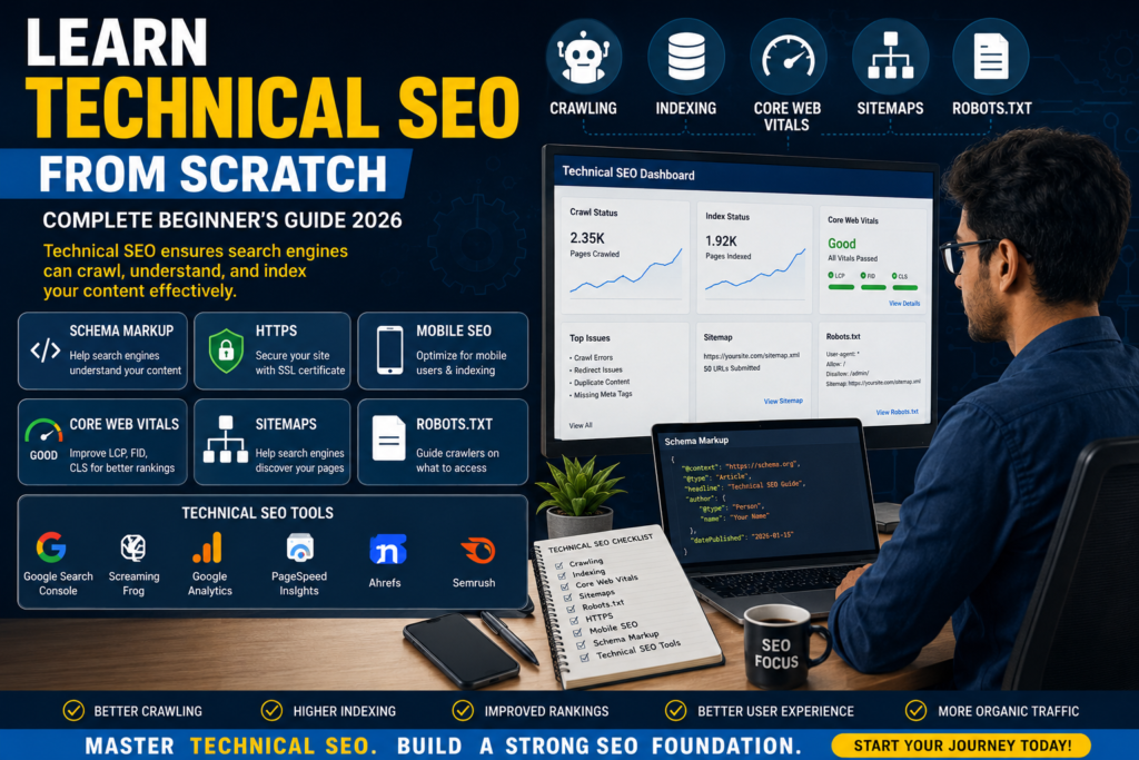 Website developer optimizing technical SEO elements including page speed, XML sitemaps, structured data, and Core Web Vitals.
