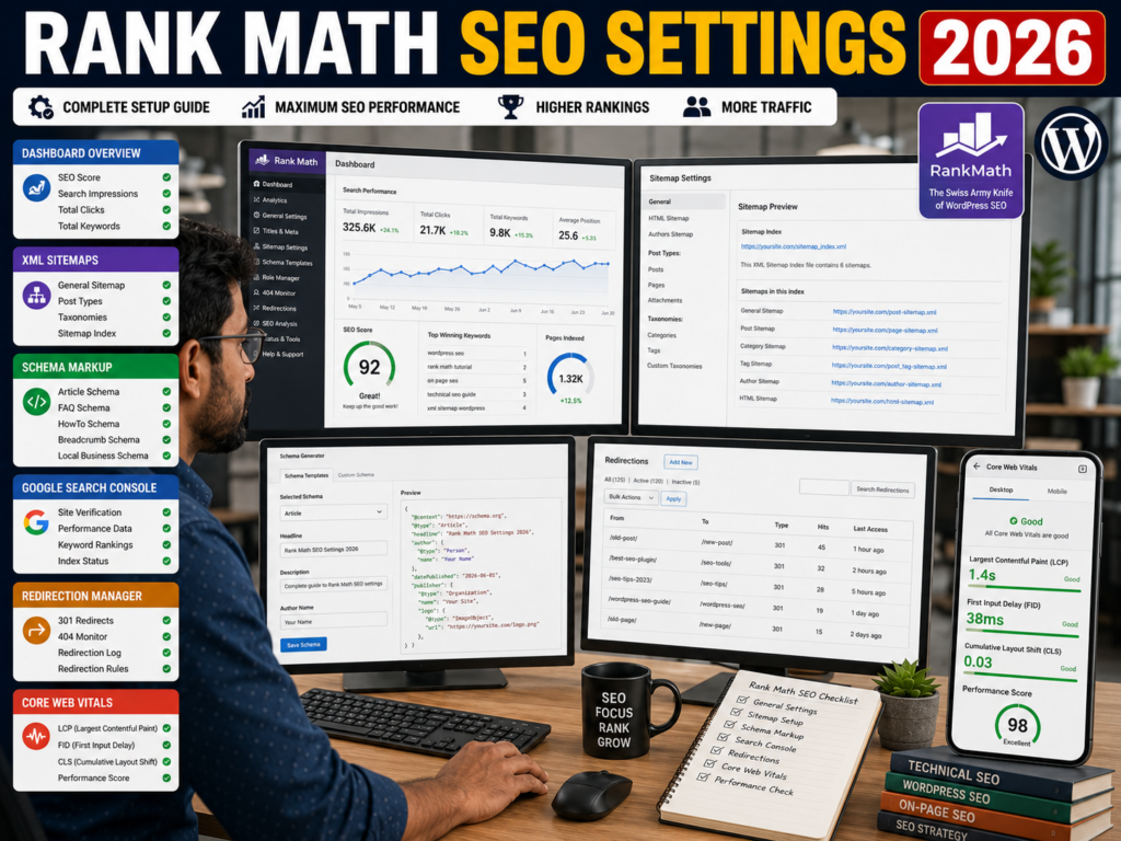 WordPress website owner configuring Rank Math SEO settings, XML sitemaps, schema markup, and technical SEO dashboards.
