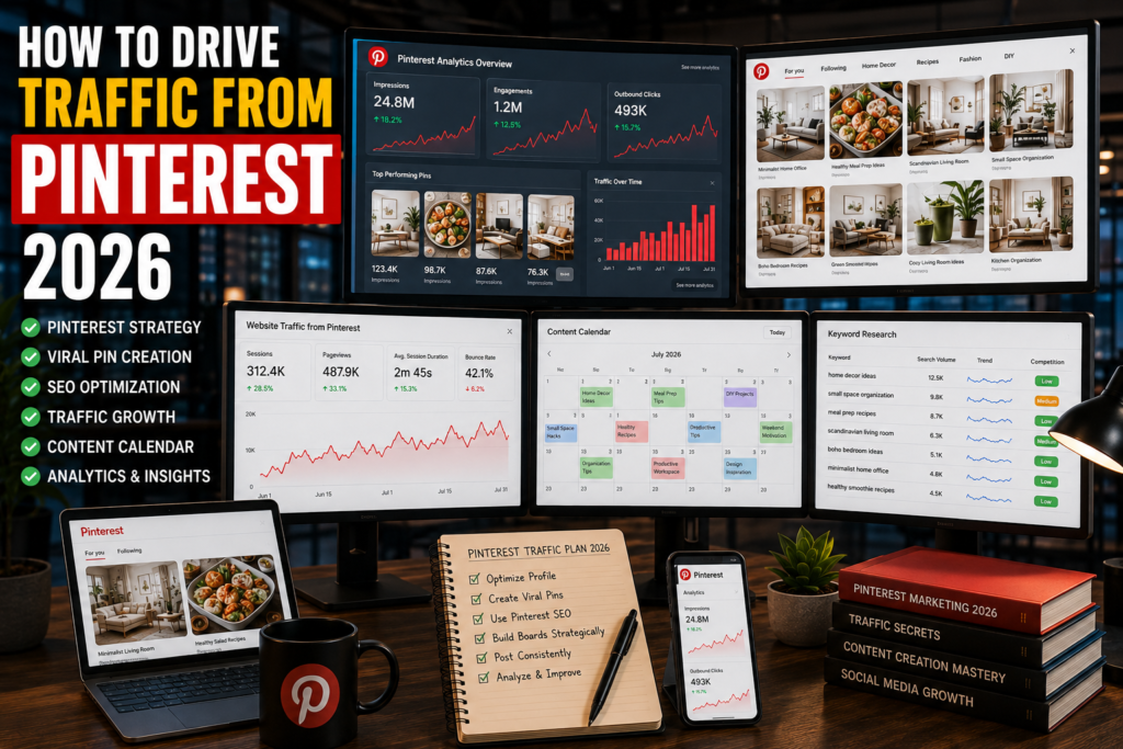 Blogger using Pinterest SEO strategies, keyword research, analytics dashboards, and high-converting Pins to drive website traffic in 2026.
