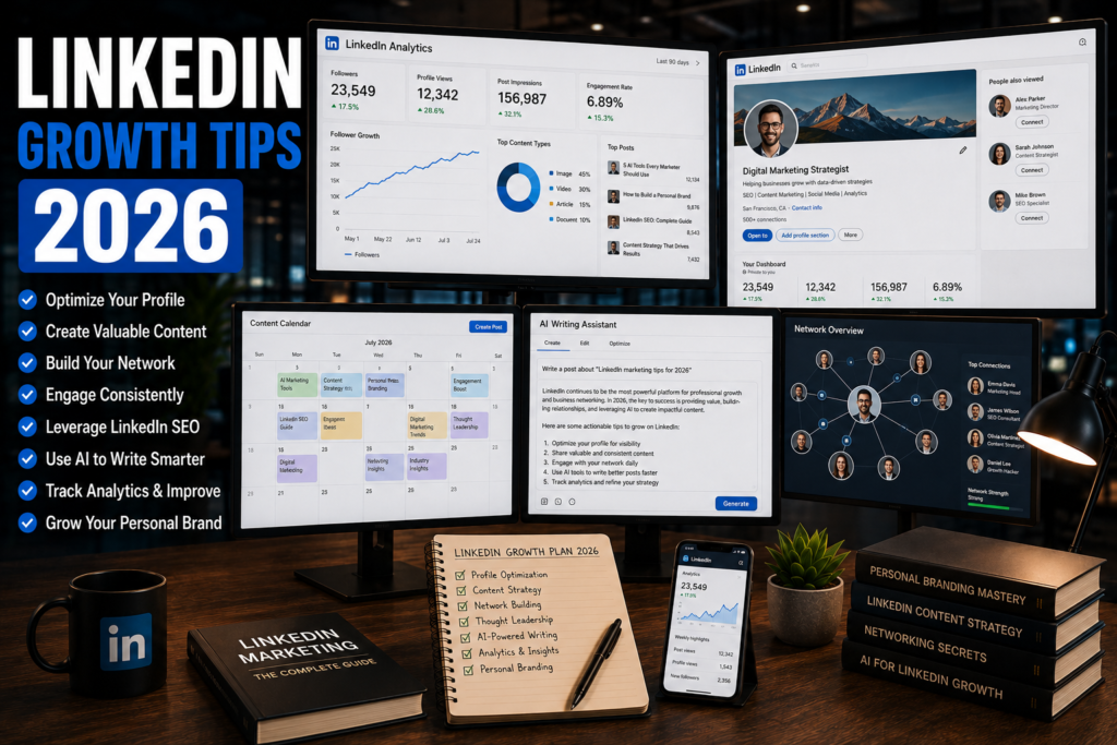Professional creator building a personal brand on LinkedIn with analytics dashboards, content calendars, AI tools, and networking strategies in a modern workspace.