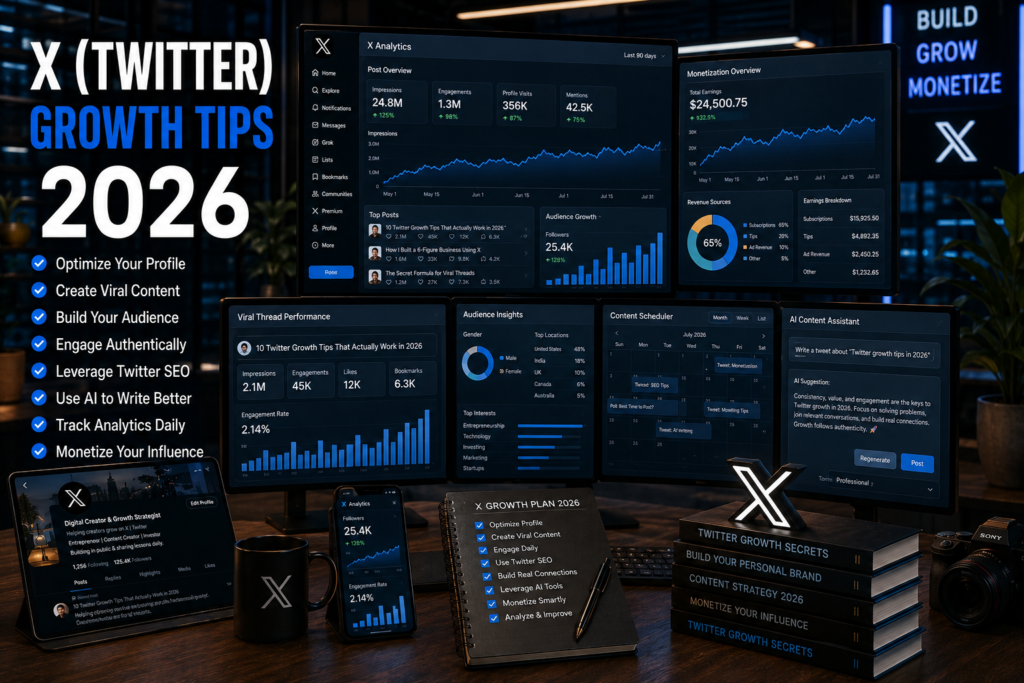 Content creator growing an audience on X (Twitter) using analytics dashboards, viral threads, AI tools, and community engagement strategies in 2026.