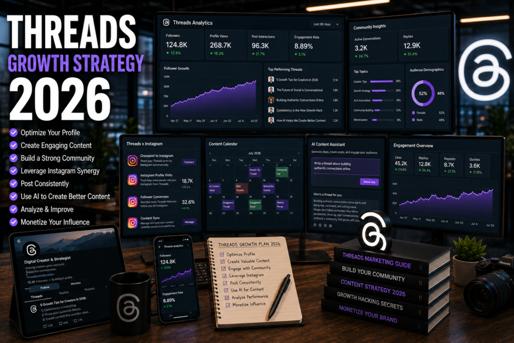 Creator building an audience on Threads using analytics dashboards, community discussions, AI tools, and content strategies in 2026.