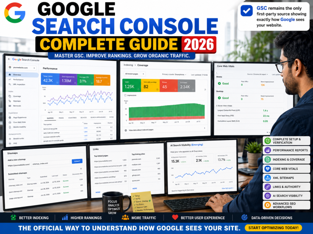 SEO specialist analyzing Google Search Console dashboards, indexing reports, keyword performance, XML sitemaps, and Core Web Vitals metrics.