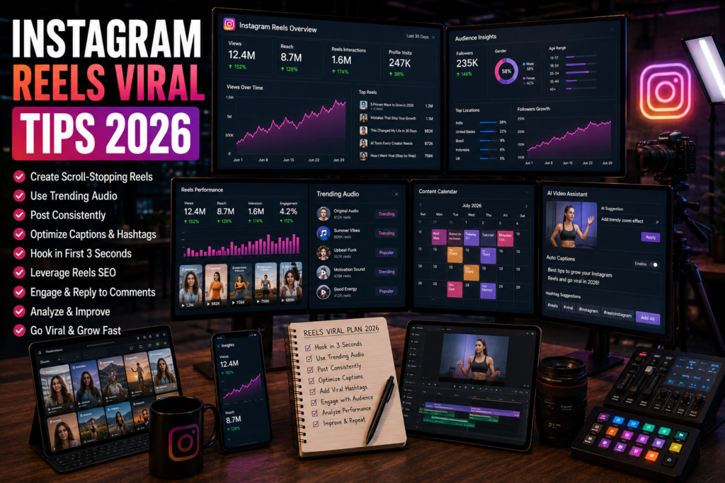 Content creator producing viral Instagram Reels using analytics dashboards, AI editing tools, trending content systems, and audience engagement strategies in 2026.