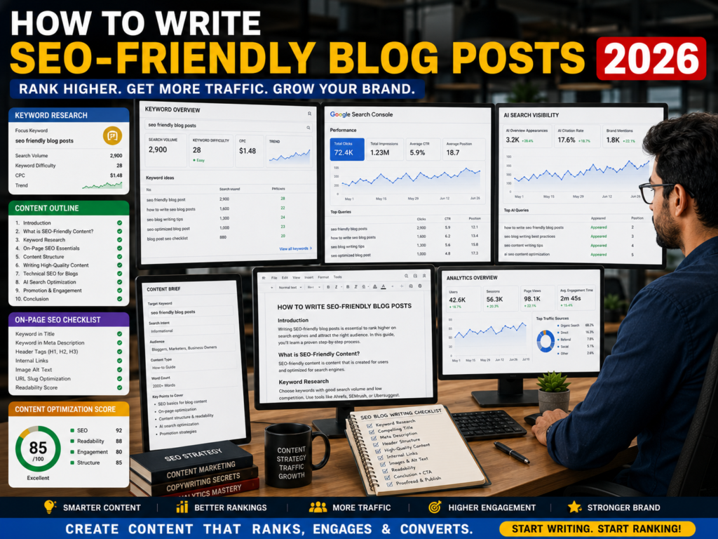 Content writer creating an SEO-optimized blog post with keyword research tools, content outlines, analytics dashboards, and search engine rankings.