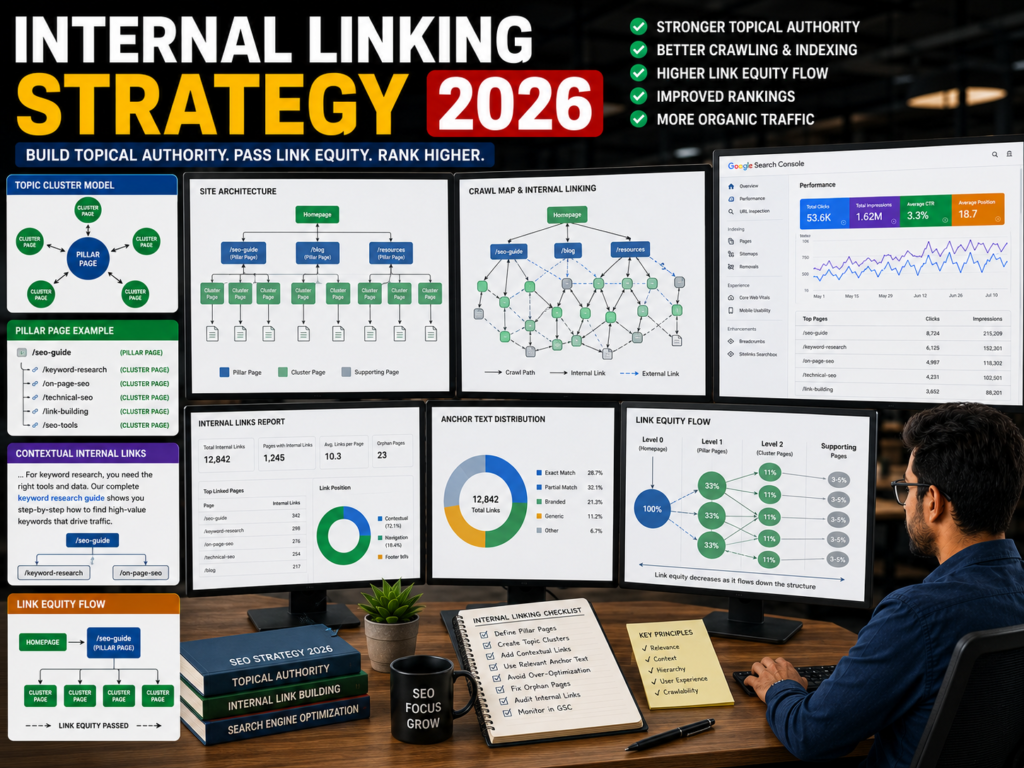 SEO specialist creating an internal linking strategy using topic clusters, pillar pages, contextual links, and website architecture diagrams on multiple screens.