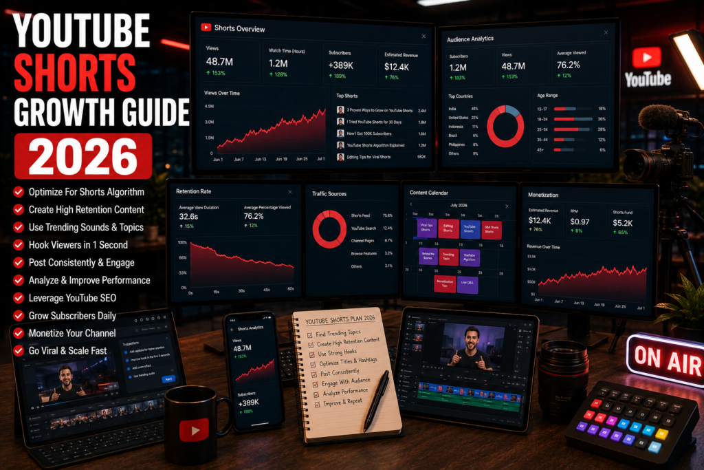 Professional content creator using YouTube Shorts analytics dashboards, AI editing tools, subscriber growth charts, and viral content strategies in 2026.