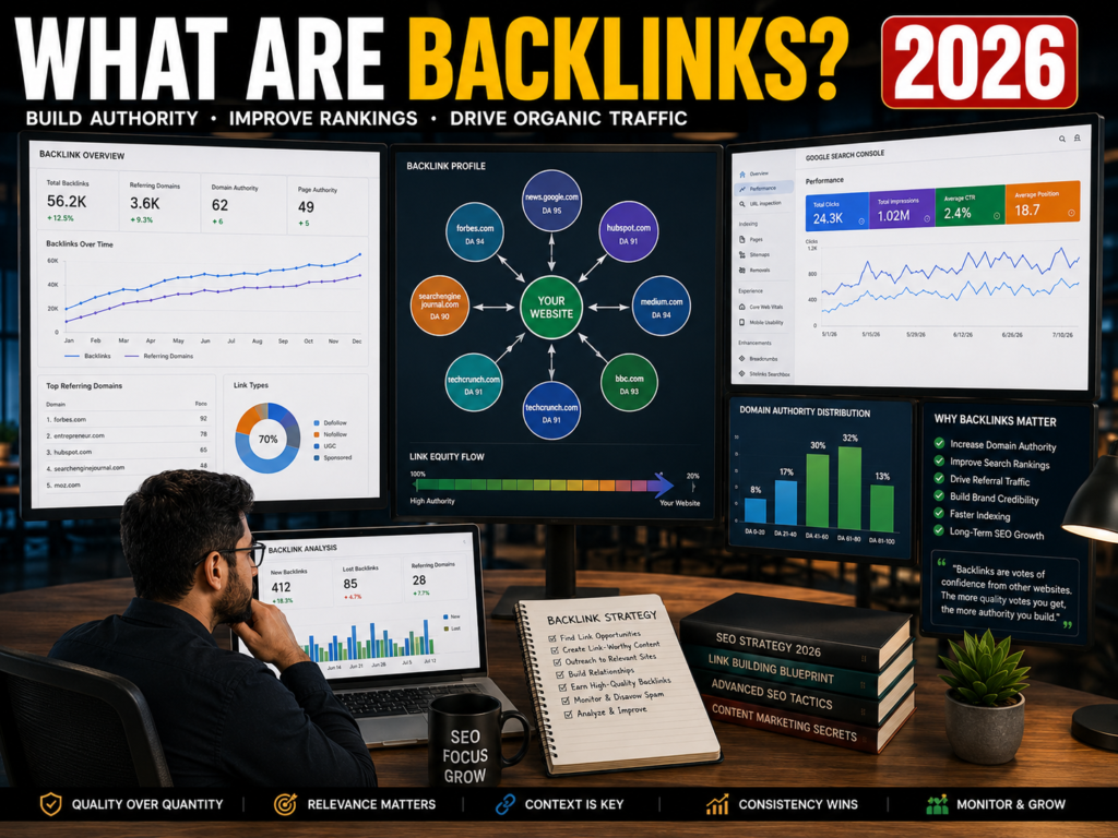 SEO professional analyzing backlink profiles, referring domains, and link authority metrics across multiple screens showing website connections and digital relationships. Proper filenames, descriptive alt text, and embedded ImageObject schema help search engines understand and surface images effectively.