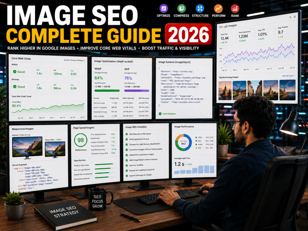 SEO expert analyzing image optimization metrics, Google Images performance, Core Web Vitals dashboards, and WebP implementation strategies on multiple screens in a modern digital workspace. Accurate, descriptive alt text remains one of the strongest signals for helping search engines and accessibility tools understand images.