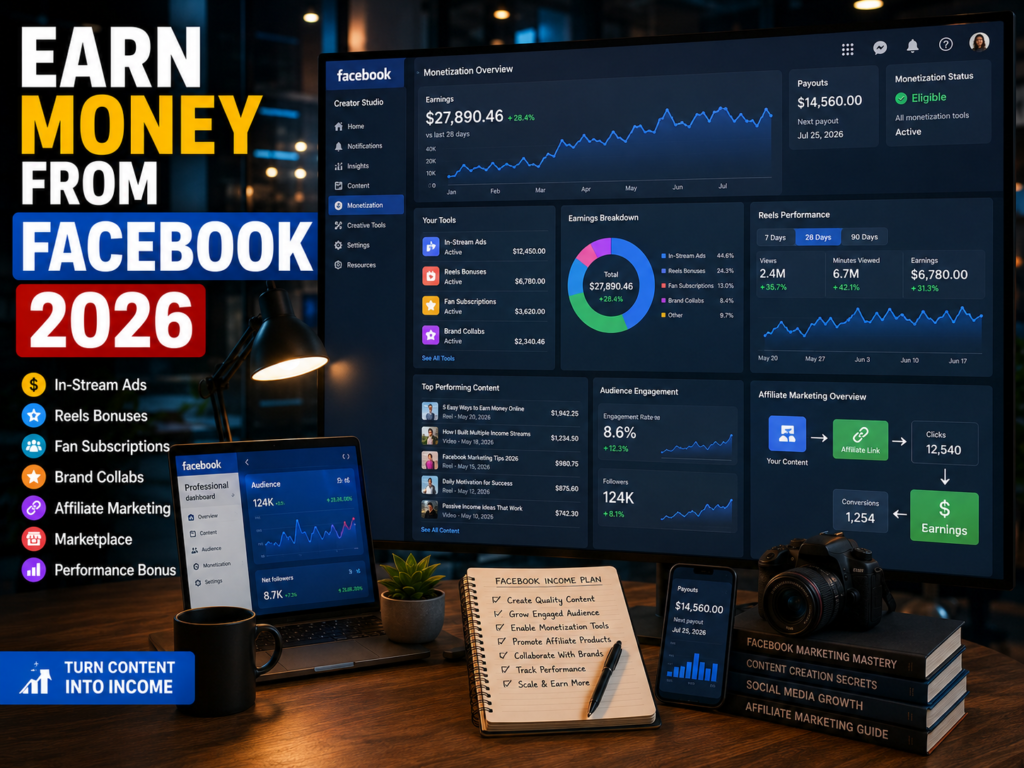 Facebook monetization dashboard showing Reels earnings, Stars revenue, affiliate marketing growth, and creator analytics for making money online in 2026.