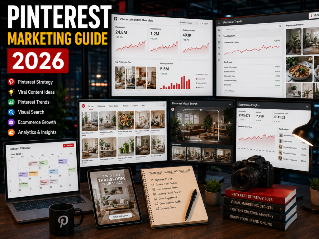 Professional digital marketer managing Pinterest campaigns, analytics dashboards, Pinterest Trends, visual search optimization, and high-performing Pins in a modern workspace.